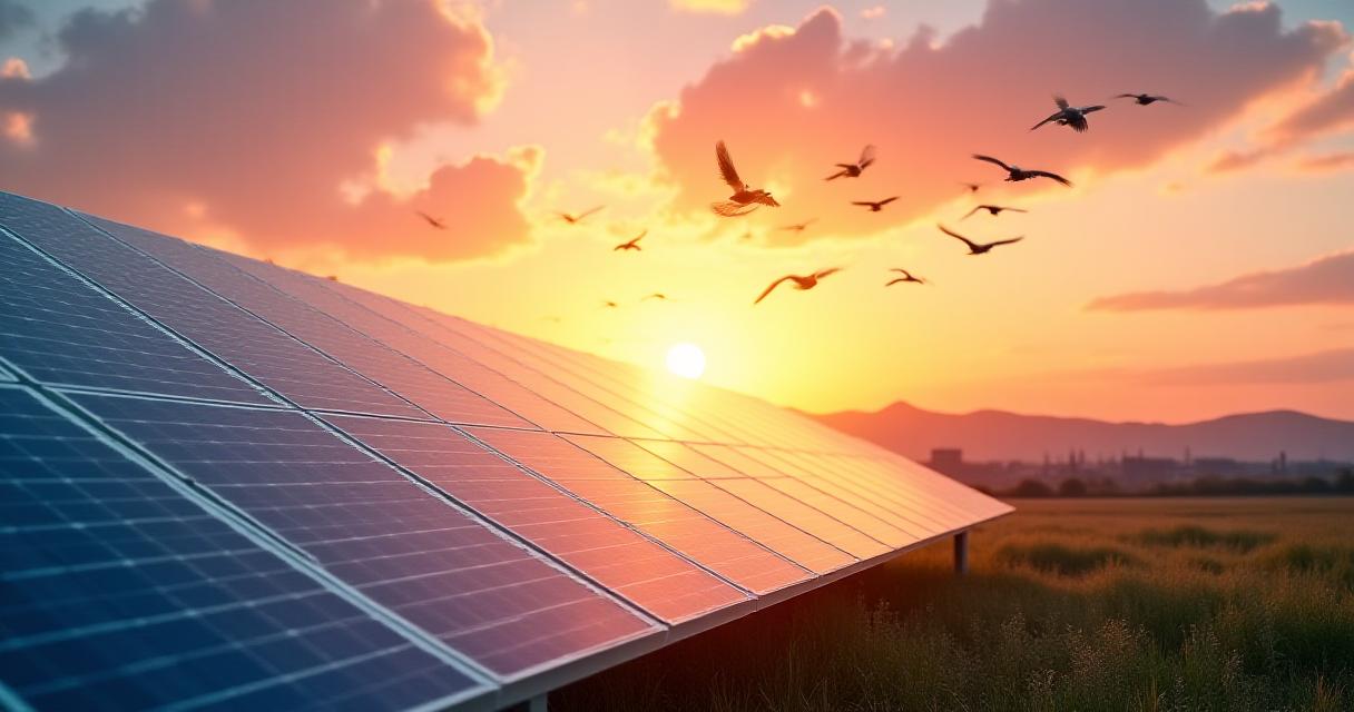 太陽光パネルと青空を飛ぶ鳥の群れ